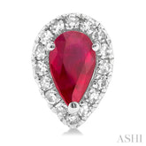 5x3 MM Pear Shape Ruby and 1/8 Ctw Single Cut Diamond Halo Precious Stud Earrings in 14K White Gold